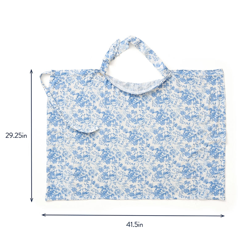 Itzy Ritzy blue floral breastfeeding cover laid flat with dimensions, 29.25 x 41.5 inches