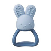 Blue rabbit-shaped teething toy on a white background