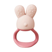 Pink bunny-shaped teething ring on a white background