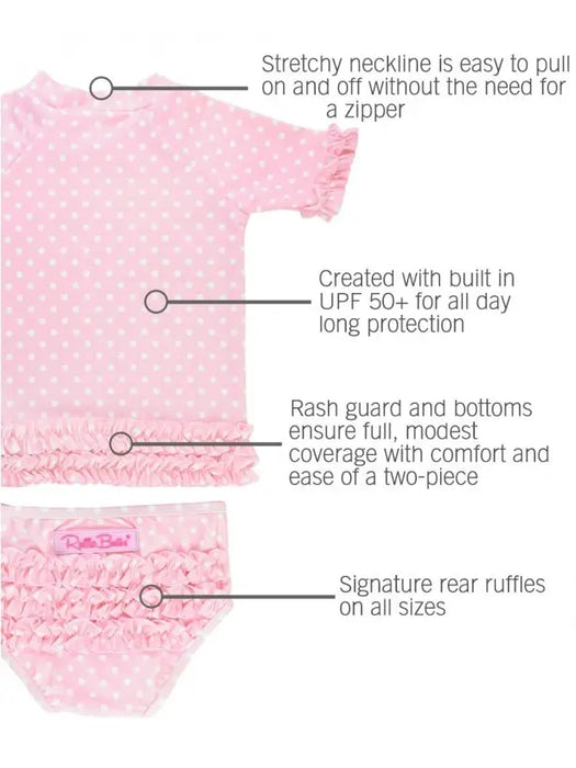 Rufflebutts Swim Ruffled Rash Guard Bikini | Pink Polka Dot