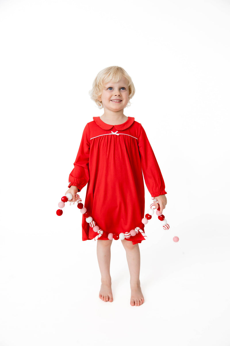 Toddler wearing Angel Dear Ribbon Red long sleeve gown with white Peter Pan collar, full length view