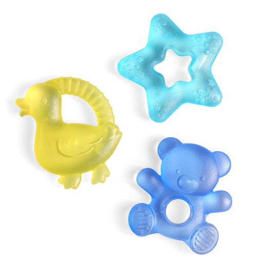 Itzy Ritzy Cutie Coolers water-filled baby teethers in blue bear, aqua star and yellow duck shapes