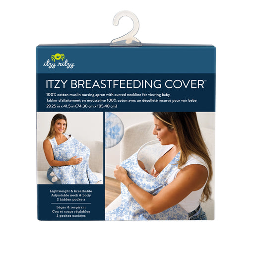 Itzy Ritzy breastfeeding cover apron in blue floral toile muslin, shown in retail packaging