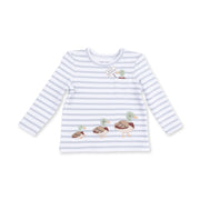 Angel Dear Mama Mallard long sleeve shirt in gray and white stripes with mallard duck family applique