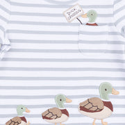 Close-up of the Angel Dear Mama Mallard shirt showing the duck applique and front pocket