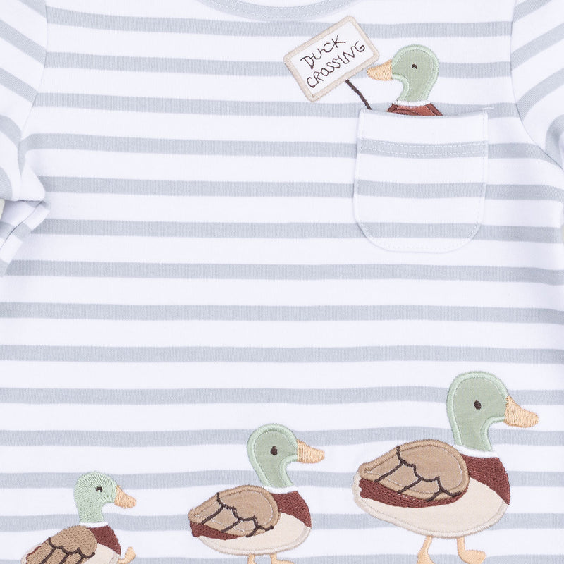 Close-up of the Angel Dear Mama Mallard shirt showing the duck applique and front pocket