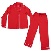 Angel Dear kids long sleeve coat style pajama set in Ribbon Red with white piping