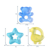Itzy Ritzy Cutie Coolers teether dimensions: bear 3 x 2.75 in, star 3 x 3 in, duck 3.1 x 2.7 in