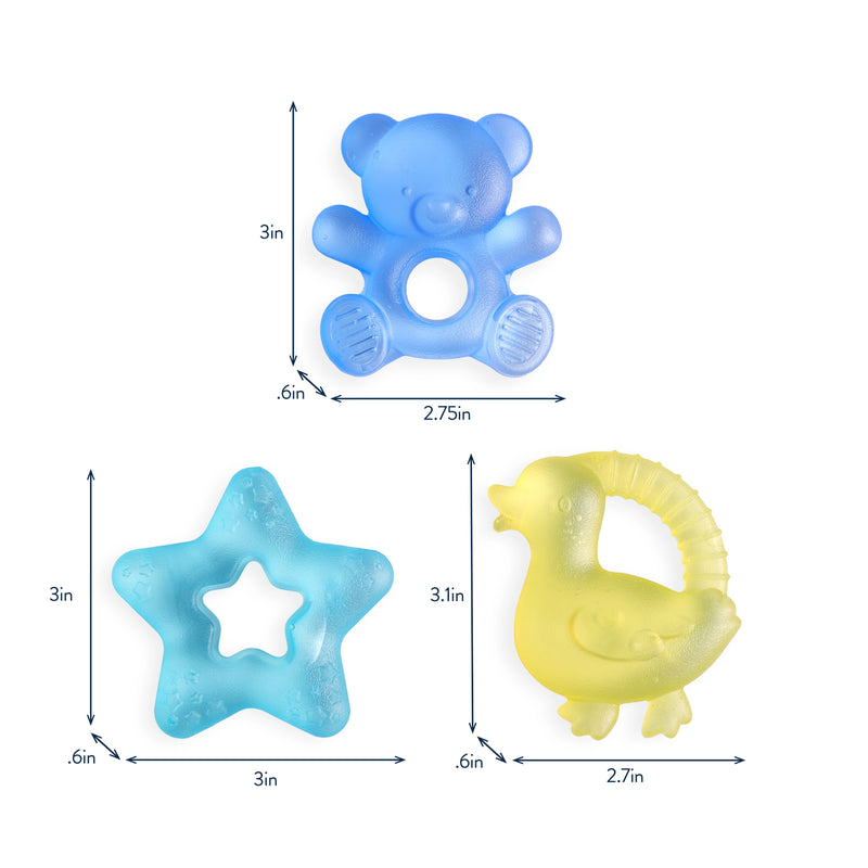 Itzy Ritzy Cutie Coolers teether dimensions: bear 3 x 2.75 in, star 3 x 3 in, duck 3.1 x 2.7 in