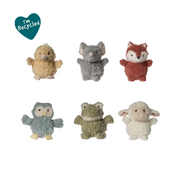 Mary Meyer Again Friends rattle assortment showing six small plush animal rattles made from recycled fabric
