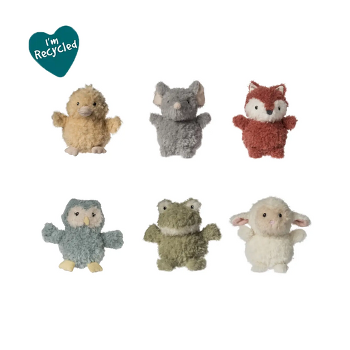 Mary Meyer Again Friends rattle assortment showing six small plush animal rattles made from recycled fabric