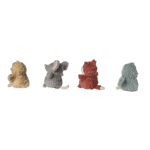 Side view of multiple Again Friends animal rattles displayed together to show size and variety