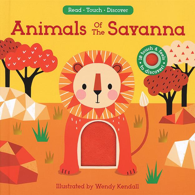 Cover image of the book "Animals of the Savanna" featuring an illustrated lion with a textured touch-and-feel belly, surrounded by colorful savanna scenery.