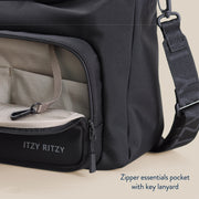 Close-up of the caddy’s exterior pocket and woven polyester material