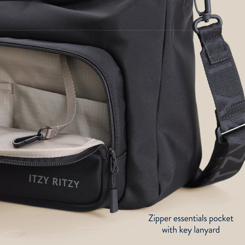 Close-up of the caddy’s exterior pocket and woven polyester material