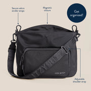 Side view of the transitional caddy with labeled pocket features and key leash