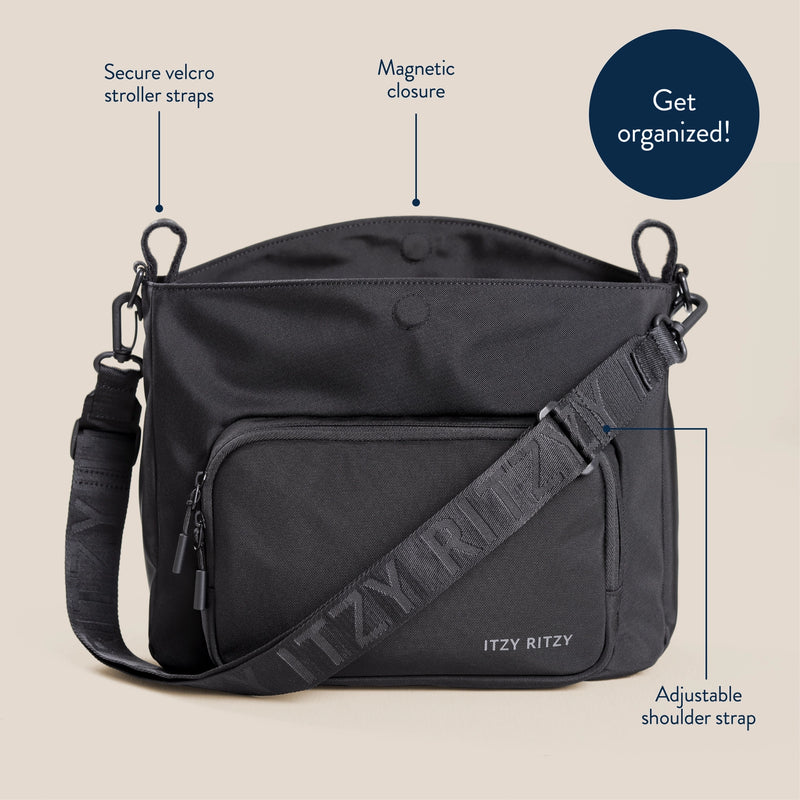 Side view of the transitional caddy with labeled pocket features and key leash