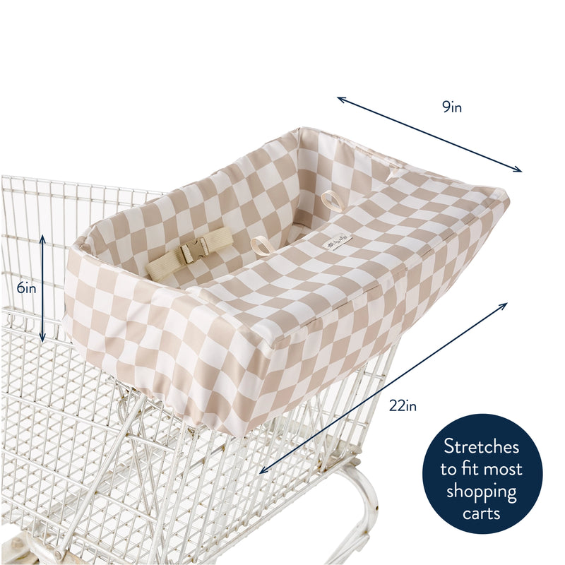 Shopping cart cover shown folded and attached to a cart with storage pouch and strap