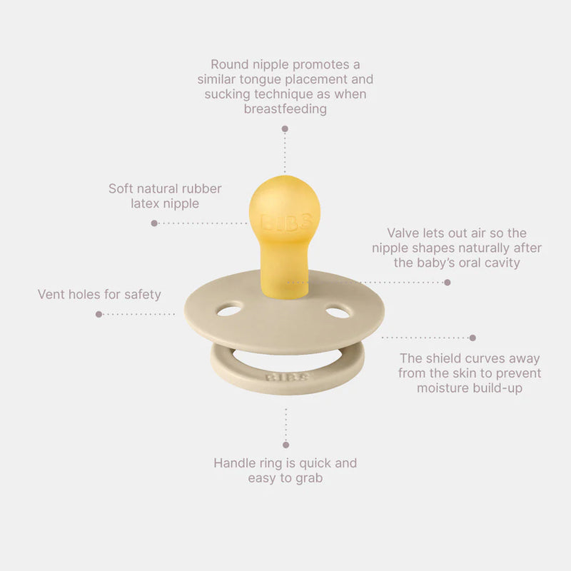 Product diagram showing the design and features of a BIBS round pacifier, including shield shape and nipple structure