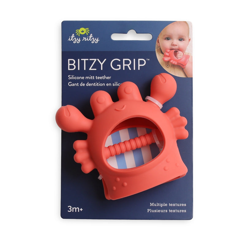 Itzy Ritzy Bitzy Grip developmental teether displayed in retail packaging