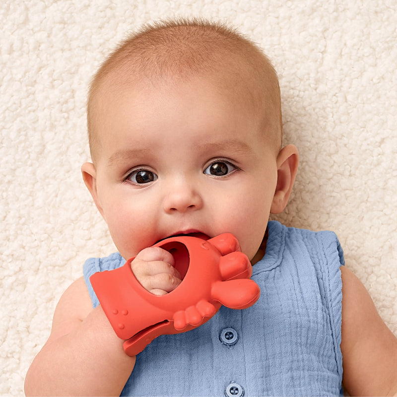 Baby holding and chewing on the Bitzy Grip teether during teething
