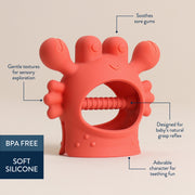 Product feature graphic showing BPA-free soft silicone and textured surfaces