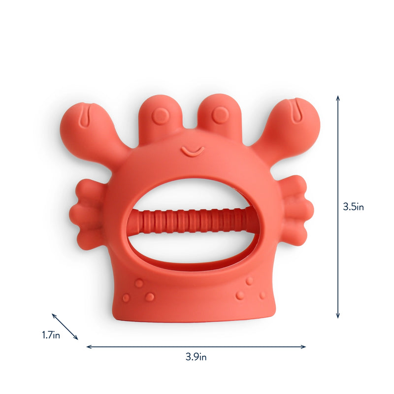 Bitzy Grip teether shown with size and dimension reference