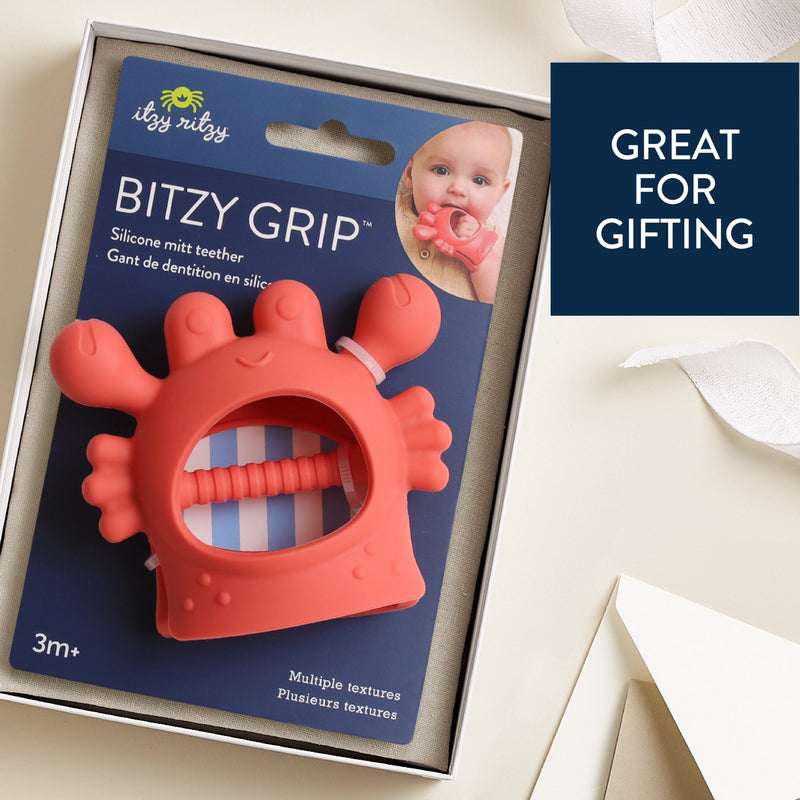 Itzy Ritzy Bitzy Grip teether displayed in gift-ready packaging