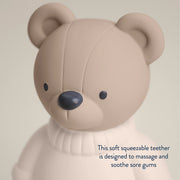 Close-up view of the teething bear’s soft facial details