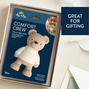 Comfort Crew teething bear presented in gift-ready packaging