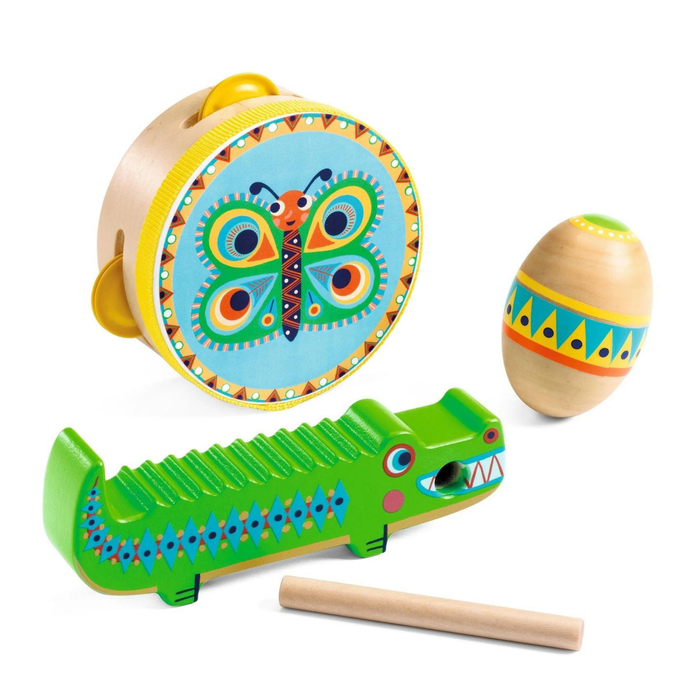 DJECO | Animambo Tambourine, Maracas, Guiro Instrument Set