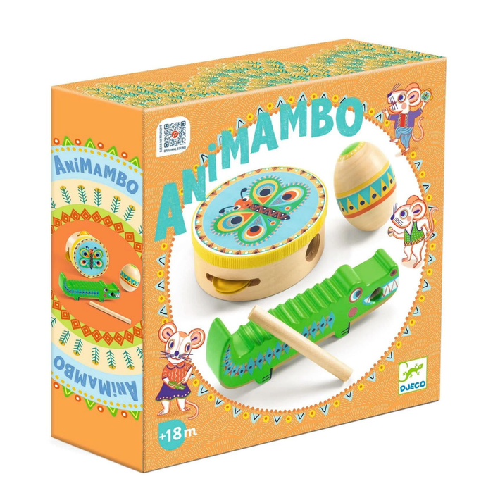 DJECO | Animambo Tambourine, Maracas, Guiro Instrument Set