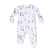 Baby onesie with golfing teddy bears pattern on a white background