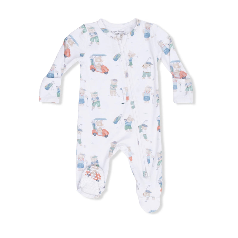 Baby onesie with golfing teddy bears pattern on a white background