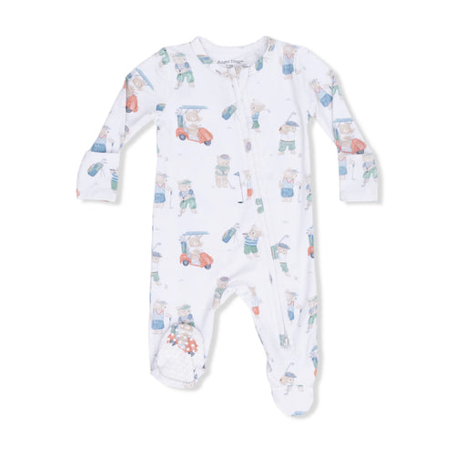Baby onesie with golfing teddy bears pattern on a white background