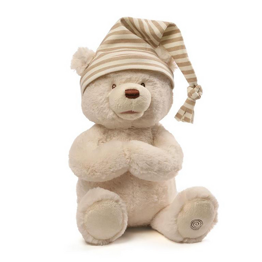 GUND Baby Goodnight Prayer Bear 15 inch plush in tan with striped pajama cap on white background