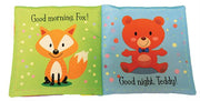 Interior page spread showing Good morning, Fox and Good night, Teddy with colorful, simple artwork for babies