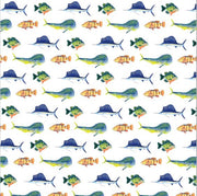 A repeating watercolor-style fish pattern on a white background, featuring blue, green, yellow, and orange fish motifs.