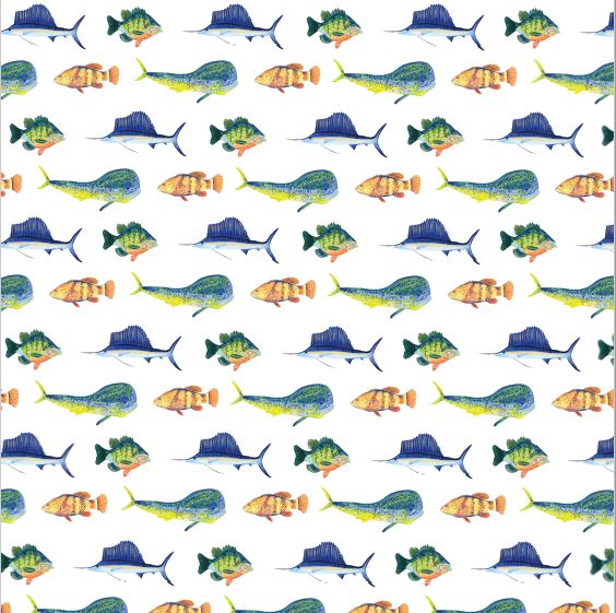 A repeating watercolor-style fish pattern on a white background, featuring blue, green, yellow, and orange fish motifs.