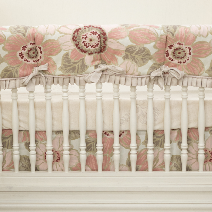 Custom Bedding | Crib Rail Cover | Aurora w/ Fluff Baby Pink Piping & Sparkle Gold Linen Pleated Ruffle & Ties