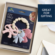 Itzy Trio teething ring shown in gift-ready packaging