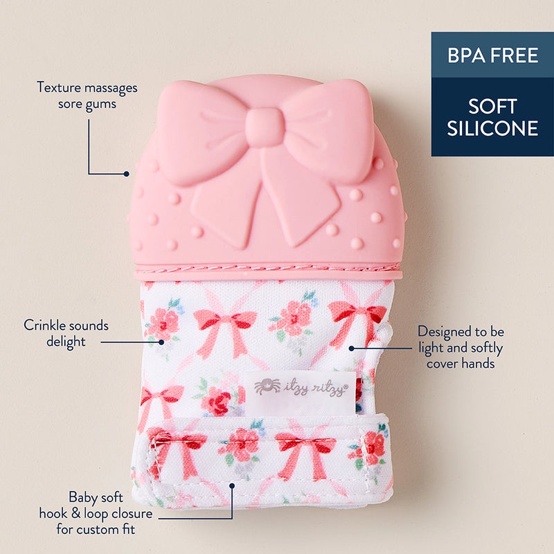 Itzy Ritzy silicone teether mitt showing textured silicone surface, fabric mitt, and product feature callouts