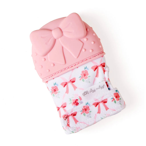 Silicone teether mitt with soft fabric sleeve shown on a neutral background