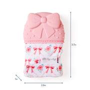 Teether mitt shown with size and dimension reference