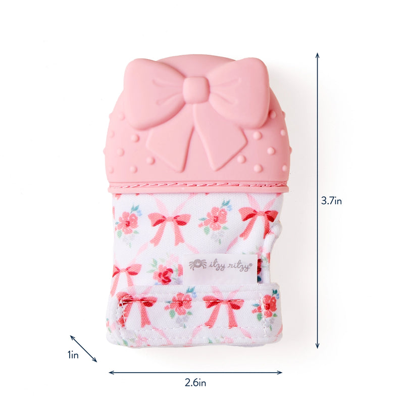 Teether mitt shown with size and dimension reference