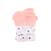 Itzy Ritzy silicone teether mitt with textured silicone top and soft patterned fabric sleeve on a white background