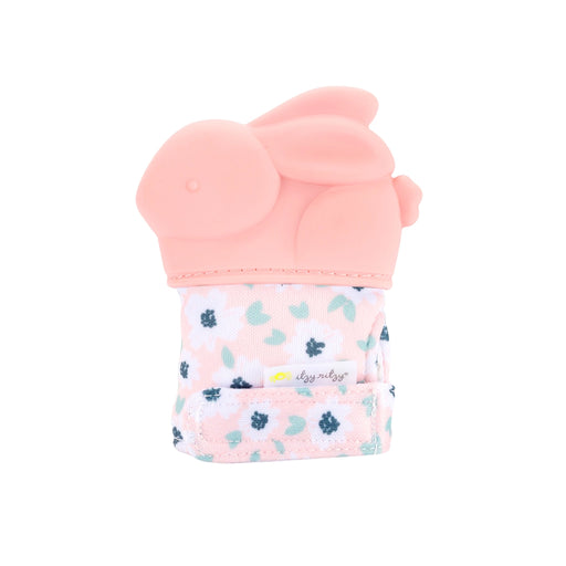 Itzy Ritzy silicone teether mitt with textured silicone top and soft patterned fabric sleeve on a white background