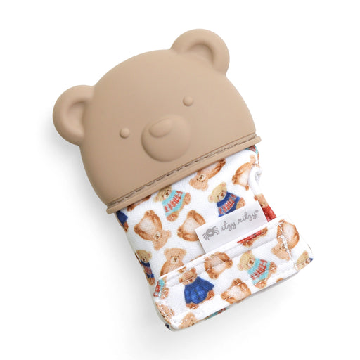 Silicone teether mitt with bear-shaped silicone top and patterned fabric mitt