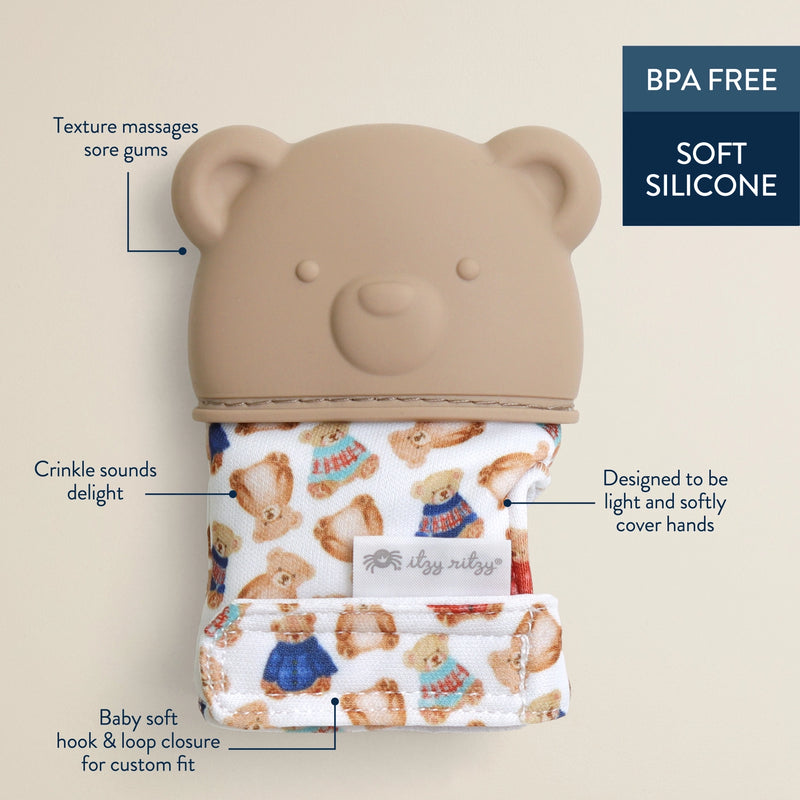 Product feature graphic showing BPA-free silicone and adjustable mitt design