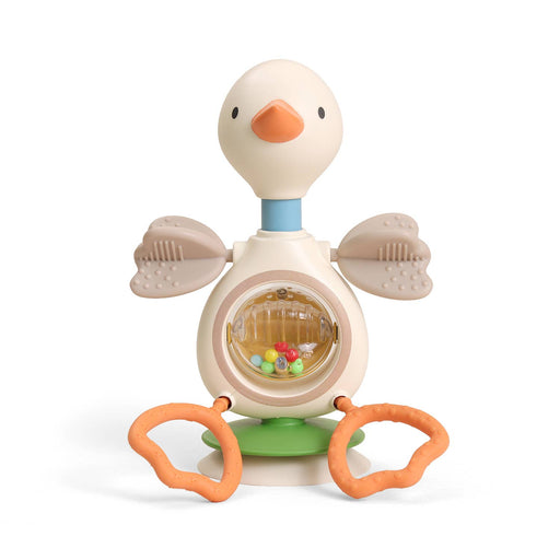 Toy duck with colorful beads inside on a white background